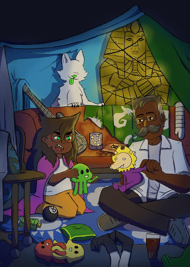 A young Jade plays with plushies with her Grandpa inside of a blanket fort. Toys are scattered about and the shadows are heavy.
