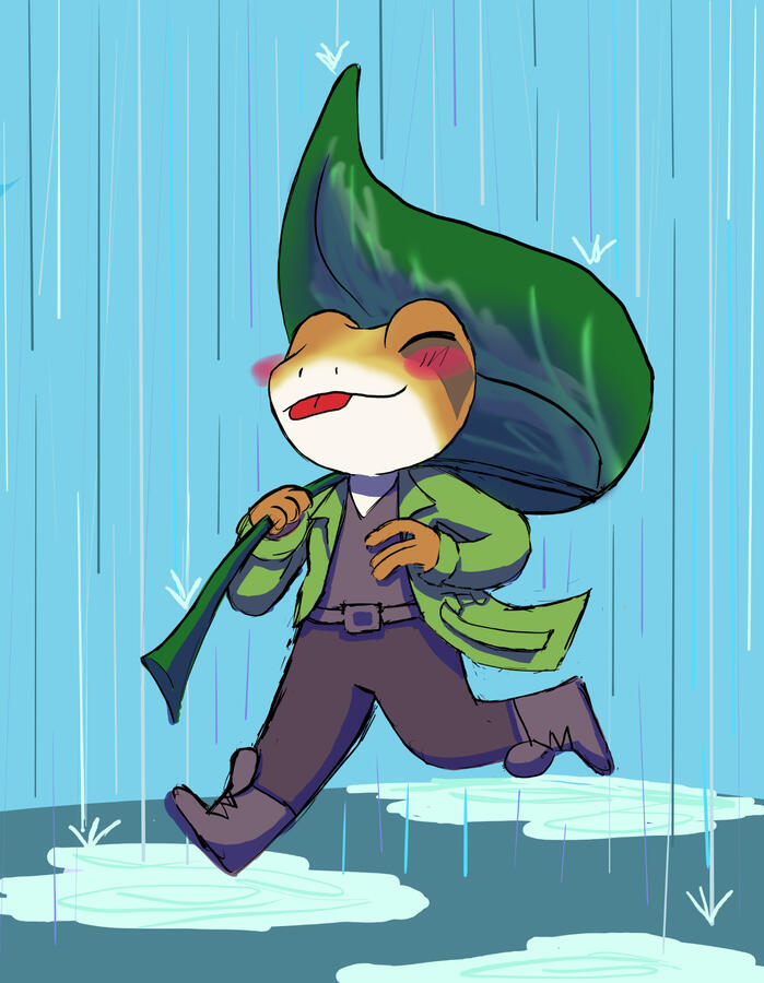 A frog is running in the rain, tongue sticking out and giant leaf in their hand.