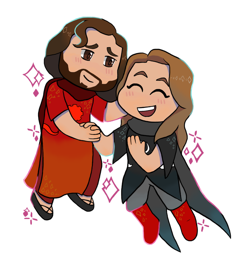 Desmond floats in his Seer of Time outfit, gazing lovingly at Penny who is holding his hand and laughing in happiness.