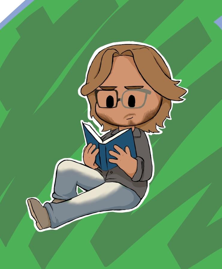 Sawyer is sitting, reading his book with his mismatched glasses on. He has a slight smile.