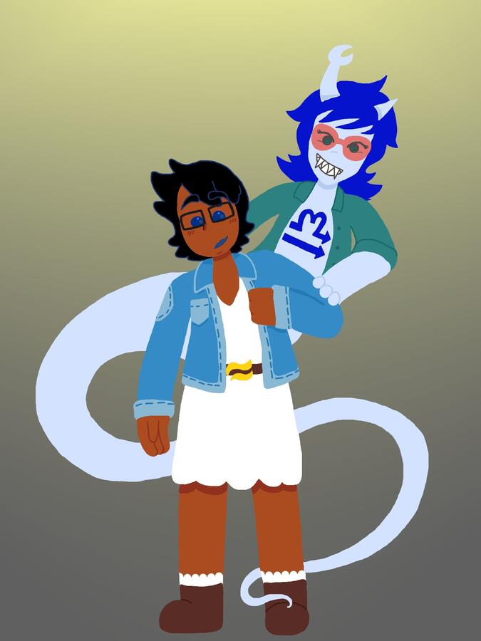 Vrisrezisprite floats encouragingly behind June as she prepares to wear a dress in public for the first time.