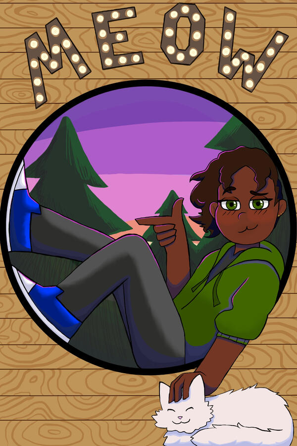 Human!Nepeta sits in a dome window. "Meow" is spelt in lights above their head and they are reaching down to pet a fluffy cat.