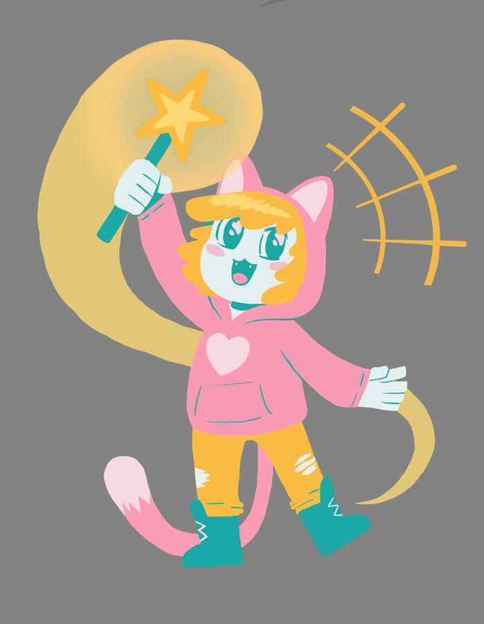 Magical Catkid wielding a large wand and drawn in a limited palette.