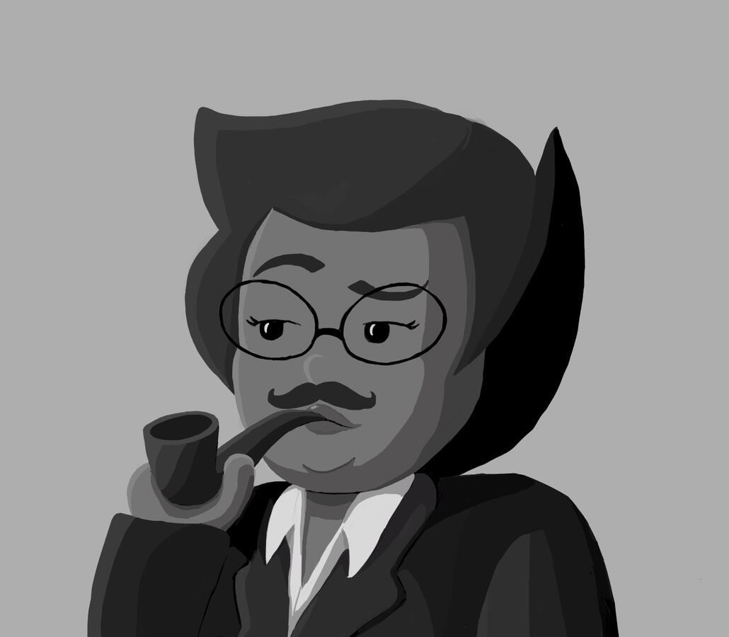 Black and white headshot of Jane Crocker with a serious business mustache and pipe.