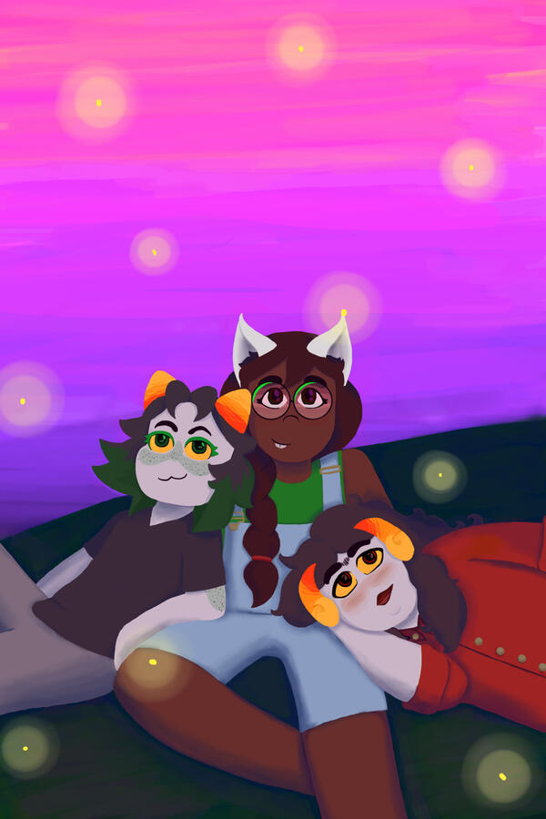 Nepeta leans against Jade's side, and Aradia rests her head in Jade's lap. The three watch the sunset and fireflies.