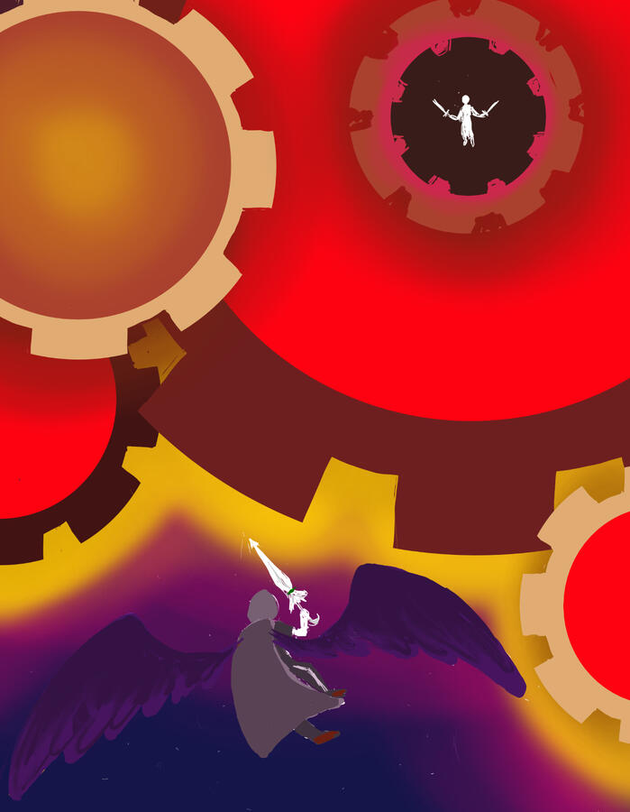Giant cogs glow in space, emanating from a white silhouette brandishing swords. A winged knight wielding an umbrella flies by.