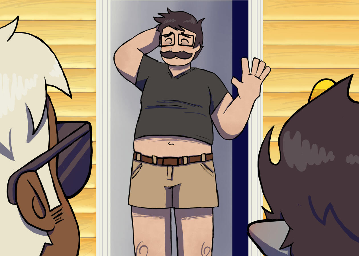 Sheepish, tired, but happy Jake stands on his front step welcoming Dave and Karkat and wearing his husband's too-small shirt.