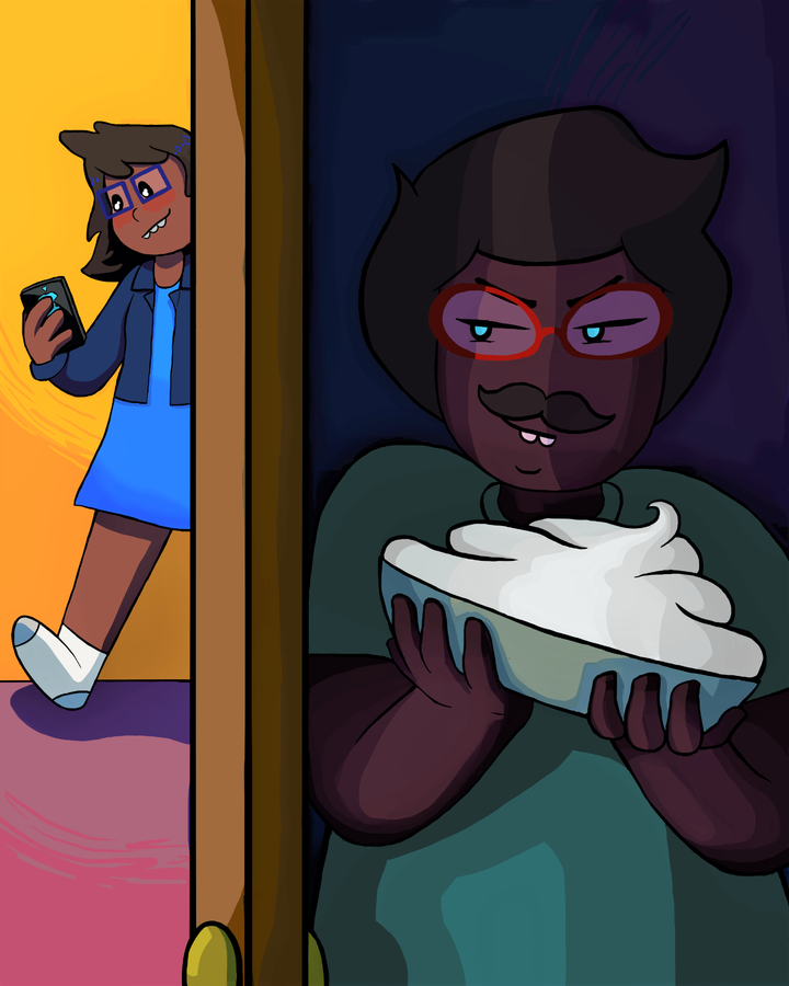 Unsuspecting June is looking at her phone while Jane hides behind a door holding a pie, ready to start another prank war.